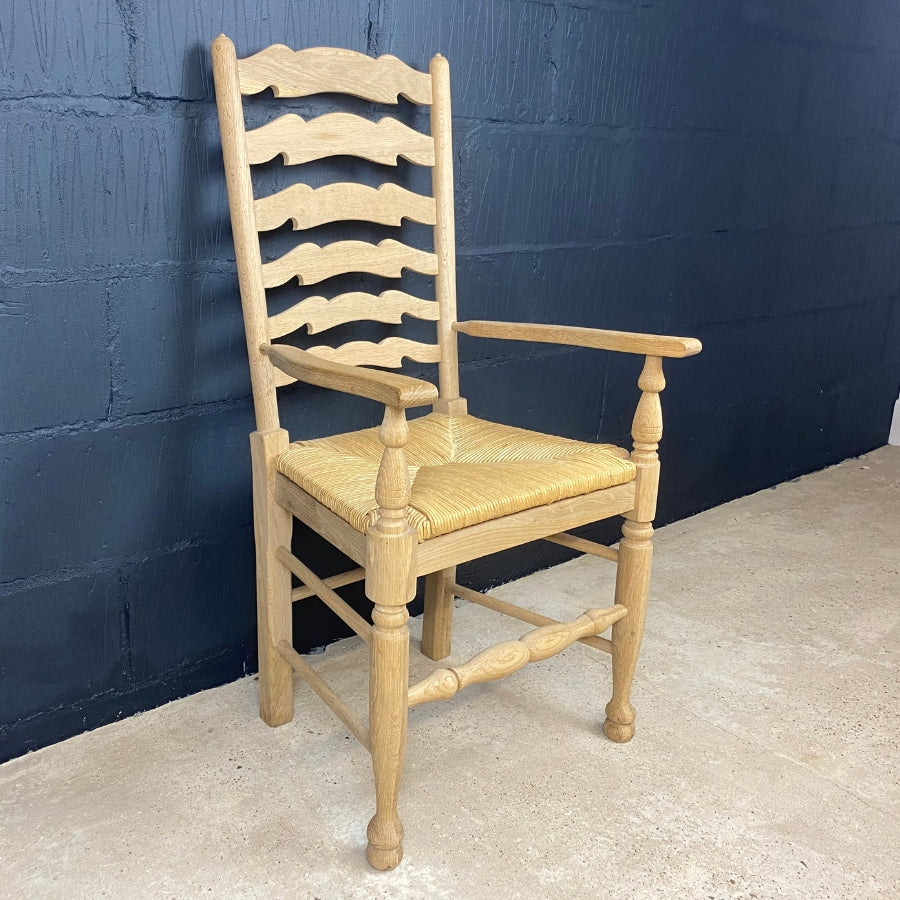 Antique Style Ladder Back Oak Carver Chairs with Rush Seat