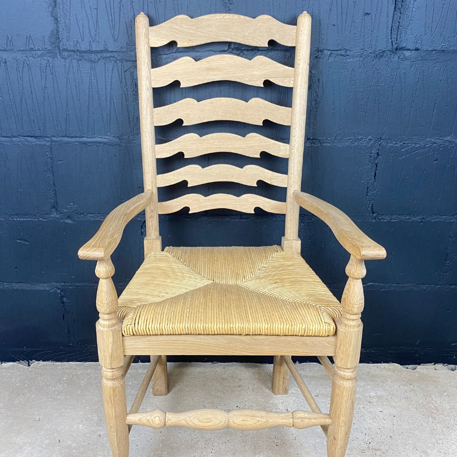 Antique Style Ladder Back Oak Carver Chairs with Rush Seat